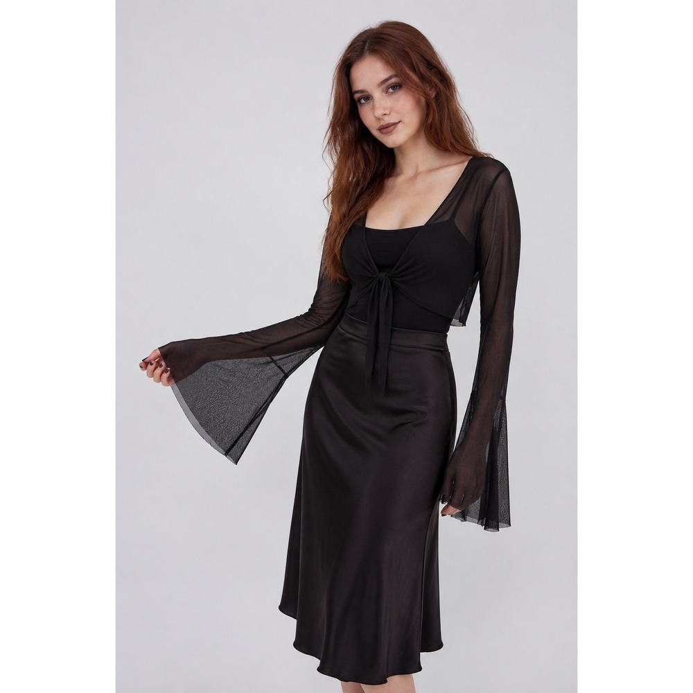 Y2K Black Sheer Mesh Tie Front Bolero Top M/L Bell Sleeve Dark Romantic Goth
